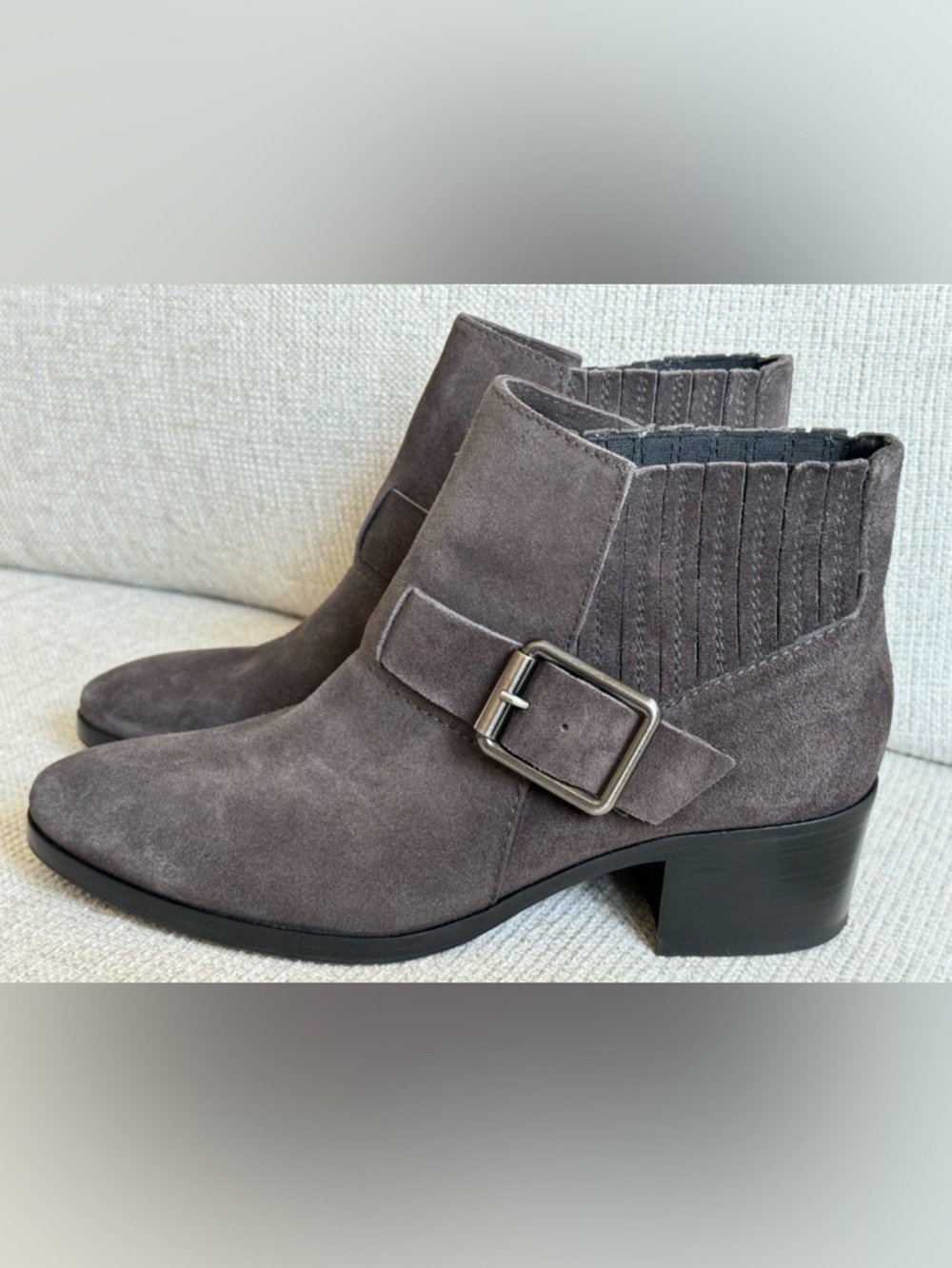 NWT Aquatalia Taupe Suede Ankle Boots Low Heel Buckle Strap Booties Size 6.5